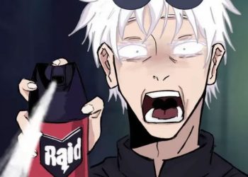 Gojo Satoru meme hoảng sợ phun thuốc diệt côn trùng Raid với biểu cảm kinh hãi
