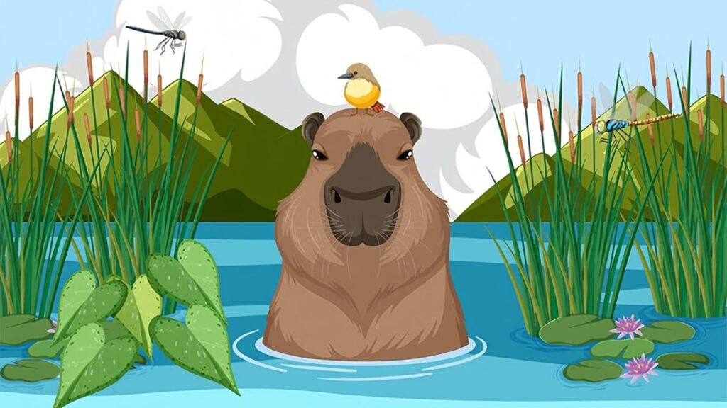 Hình capybara chibi đang đội một con chim