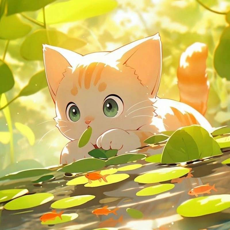 Mèo anime chơi đùa trong khu vườn