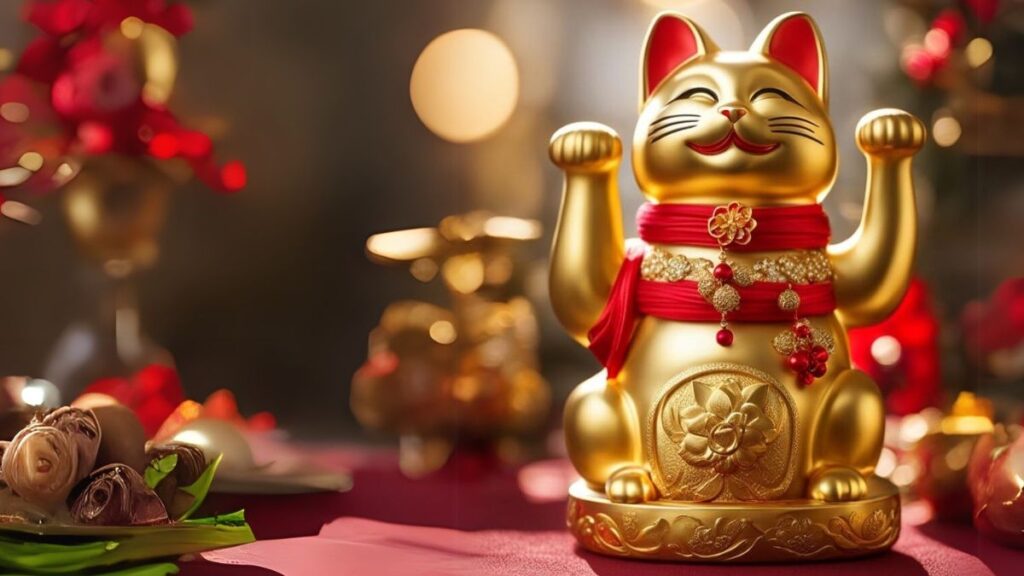 Hình nền mèo Thần Tài vàng may mắn cho mệnh Kim